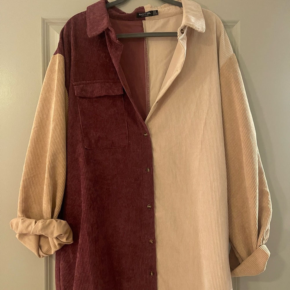 Color blocked corduroy button down shirt dress